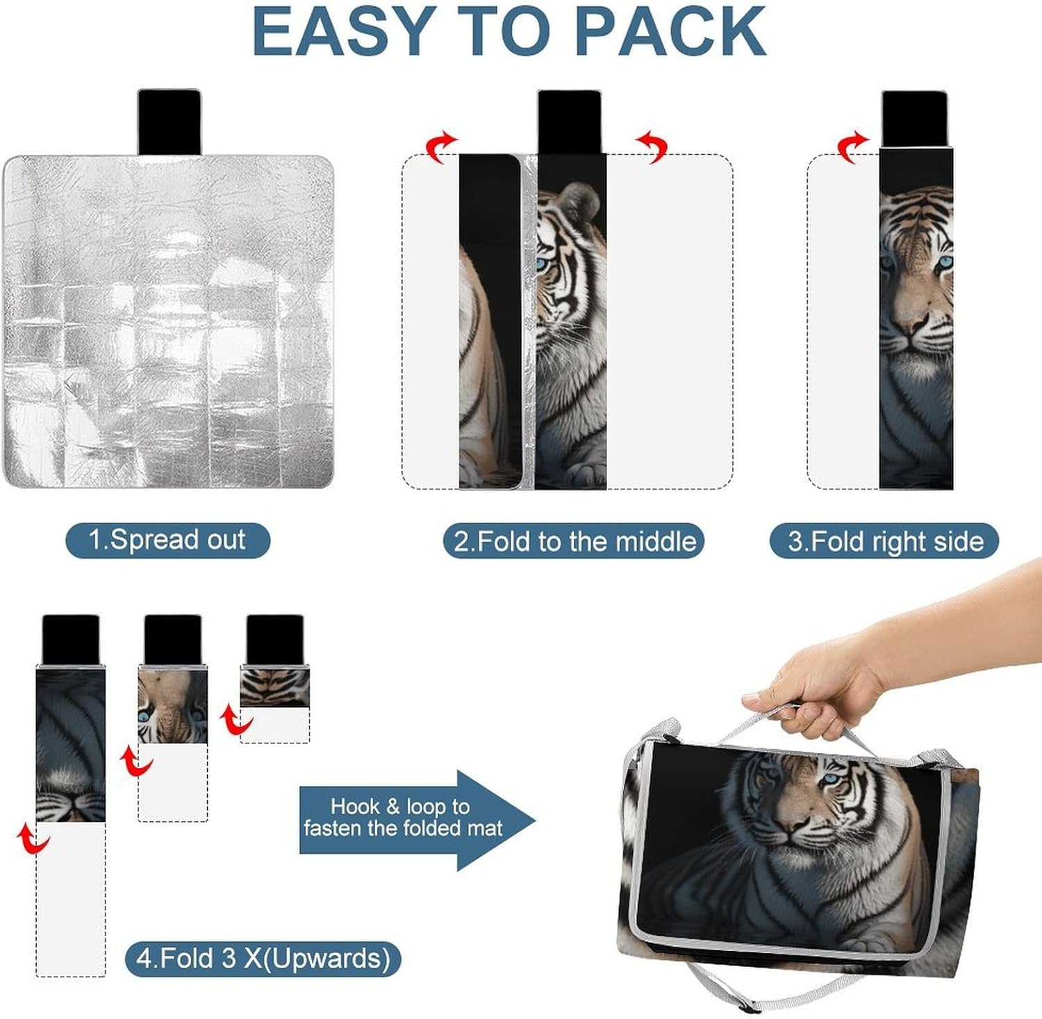 Animal Tiger Waterproof Picnic Blanket 58.3''x58.3'',Portable and Foldable Picnic Mat with Handle,Outdoor Blankets for Lawn Park Beach Travel