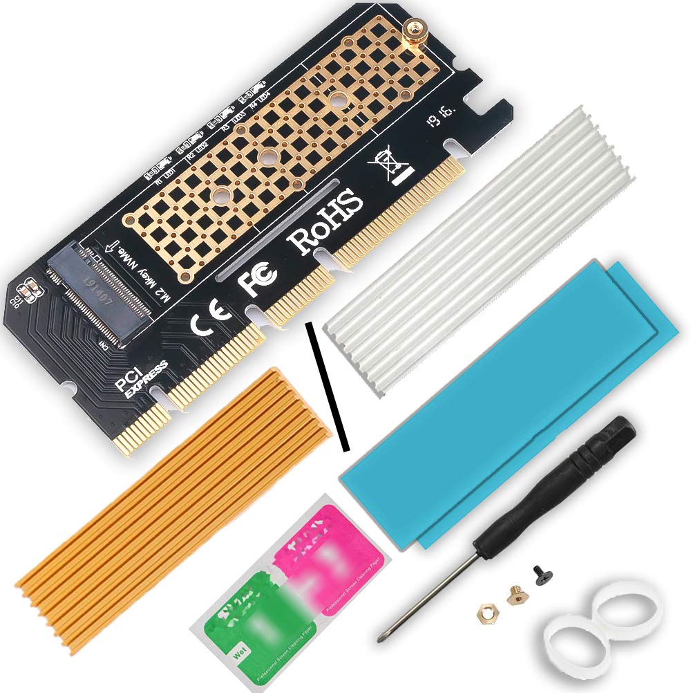 Pi+® (PiPlus®) M.2 PCIe NVMe Converter Adapter Expansion Card with Heat Sink for PCIE NVMe 3.0 x4/ x8/ x16 PCB with and Gel Pads.M Key Interface with Compatible with All Brand SSD