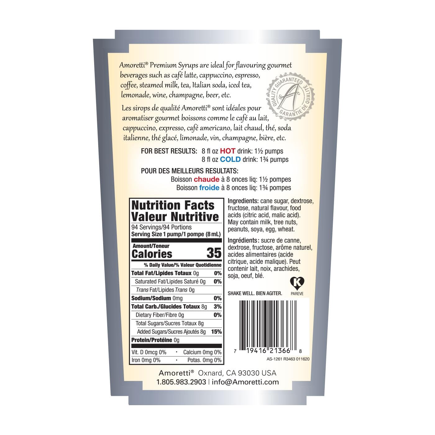 Amoretti - Premium Grenadine Syrup, 94 Servings Per Bottle (750 ml), with Pump for Flavoring Coffees, Cocktails, and other Beverages, Gluten Free, GMO/GEO Free, Preservative Free