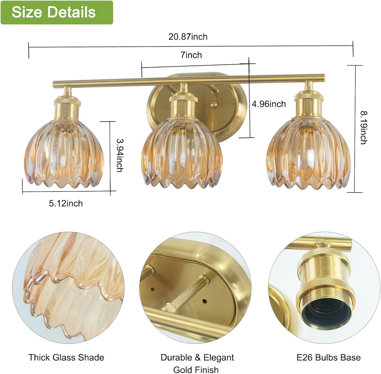 Gold Bathroom Light Fixture, 3-Light Bathroom Vanity Light Over Mirror with Ribbed Amber Tulip Glass Shade, Brass Wall Scone Lighting for Farmhouse, Bedroom,Living Room,Hallway
