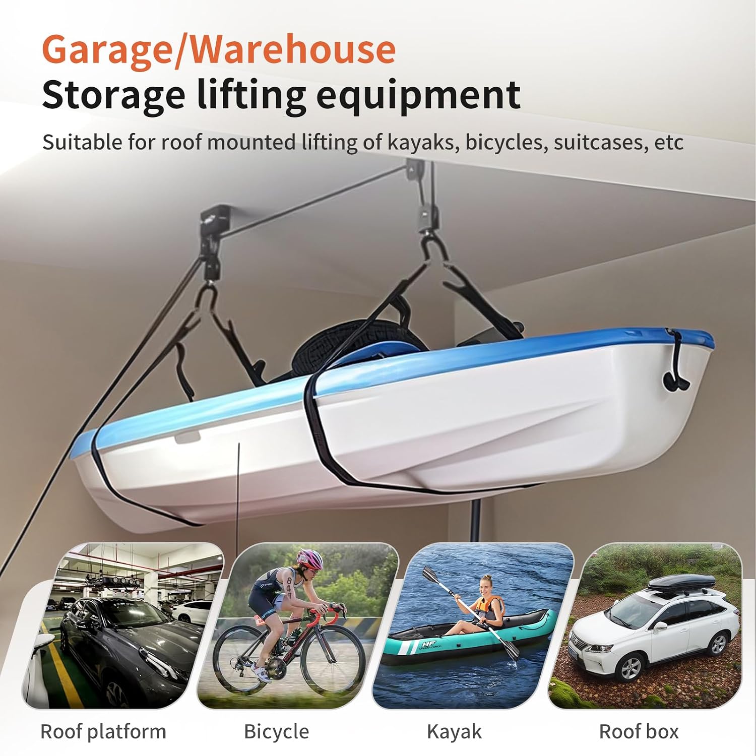 2026 Upgrade Cargo Box Garage Pulley System, Heavy-Duty Aluminum Ceiling Hoist, 125 lbs Capacity Overhead Storage Lift for Cargo Box, Kayak, Ladder, Bike, Black, Fits 10-18ft Ceilings image 5