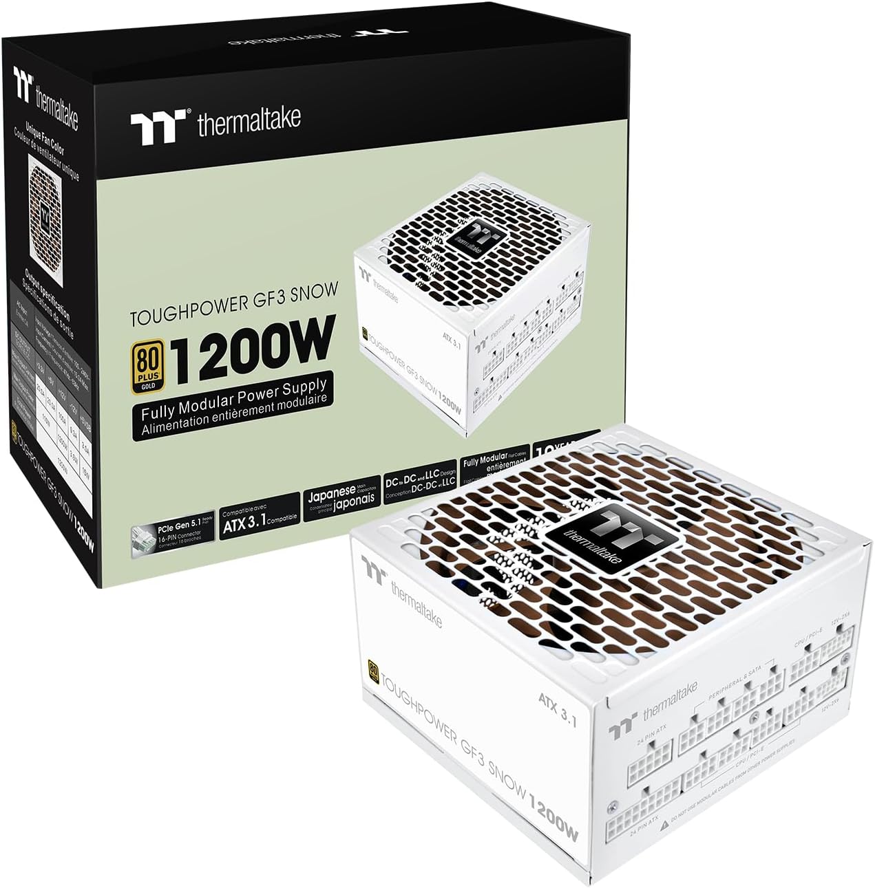 Thermaltake Toughpower GF3 1200W; ATX 3.1; x2 Native PCIe 5.1 12V-2x6; Flat Cables; Japanese Main Capacitors; Colored Custom 135mm Fan; 80 Plus Gold Certified; Snow; PS-TPD-11200FNFAGU-N