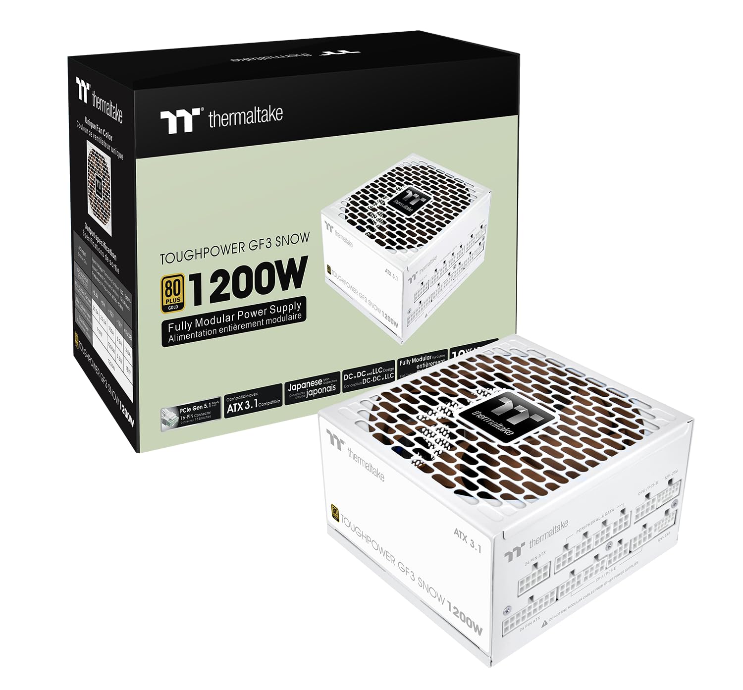 Toughpower GF3 1200W; ATX 3.1; x2 Native PCIe 5.1 12V-2x6; Flat Cables; Japanese Main Capacitors; Colored Custom 135mm Fan; 80 Plus Gold Certified; Snow; PS-TPD-11200FNFAGU-N