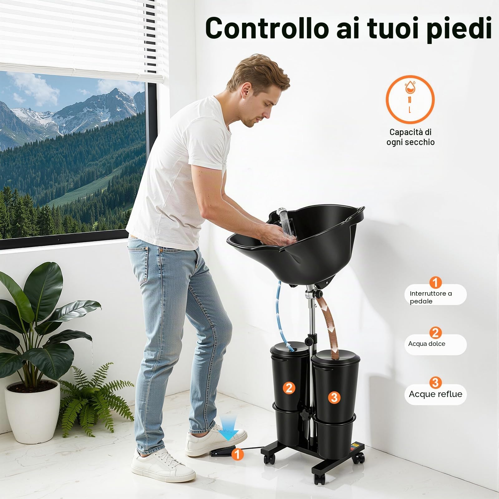 Lavabo mobile barbiere lavabi per capelli, lavandino retromarcia con serbatoio dell'acqua e doccia, lavandino portatile per barbiere