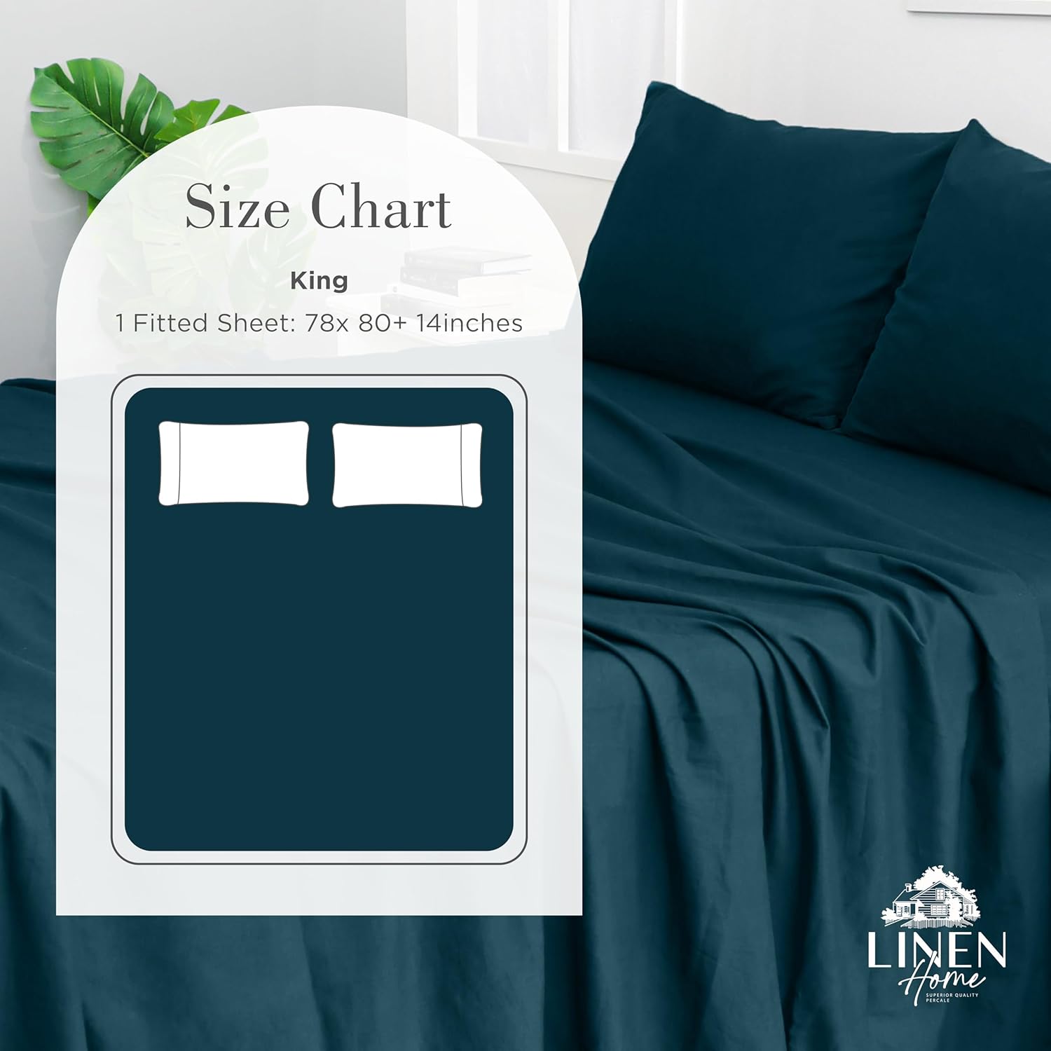 Linen Home Washed Cotton Percale Fitted Sheet King Size, Navy Blue, 1 Deep Pocket Fitted Sheet, Soft and Cool Strong Bed Linen, 78"X80"+14"