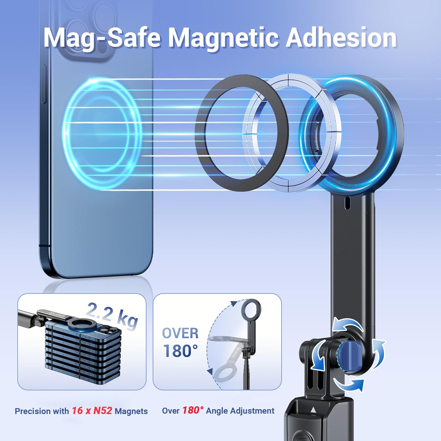 Magnetic Phone Tripod Selfie Stick, 40.9" Extendable Cell Phone Tripod Stand for iPhone 17 16 15 14 13 12 MagSafe Phone Case with Clamp & Wireless Remote for Selfie Vlogging Video Recording-White - Image 4