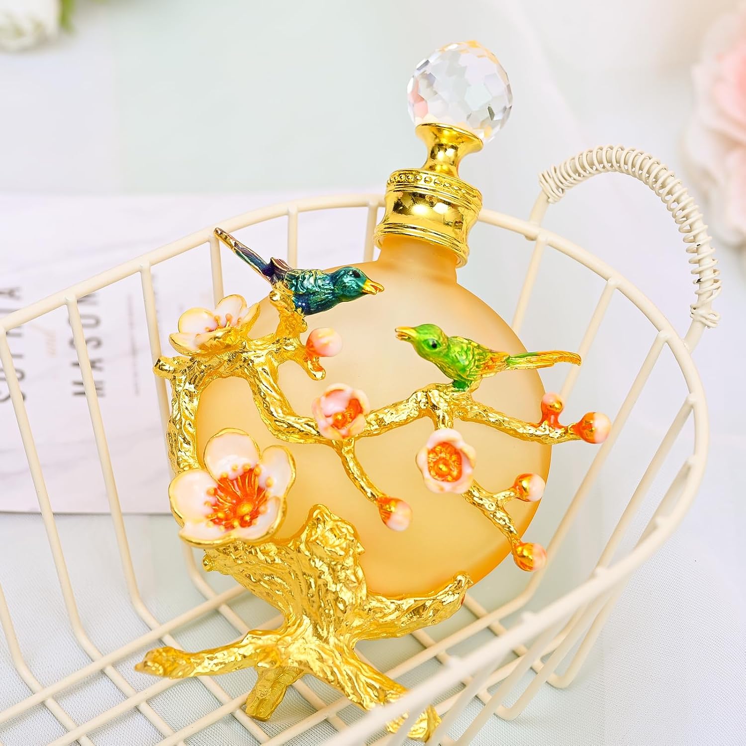 Yetaha Orange Plum Blossom Birds Vintage Refillable Glass Perfume Bottle image 4