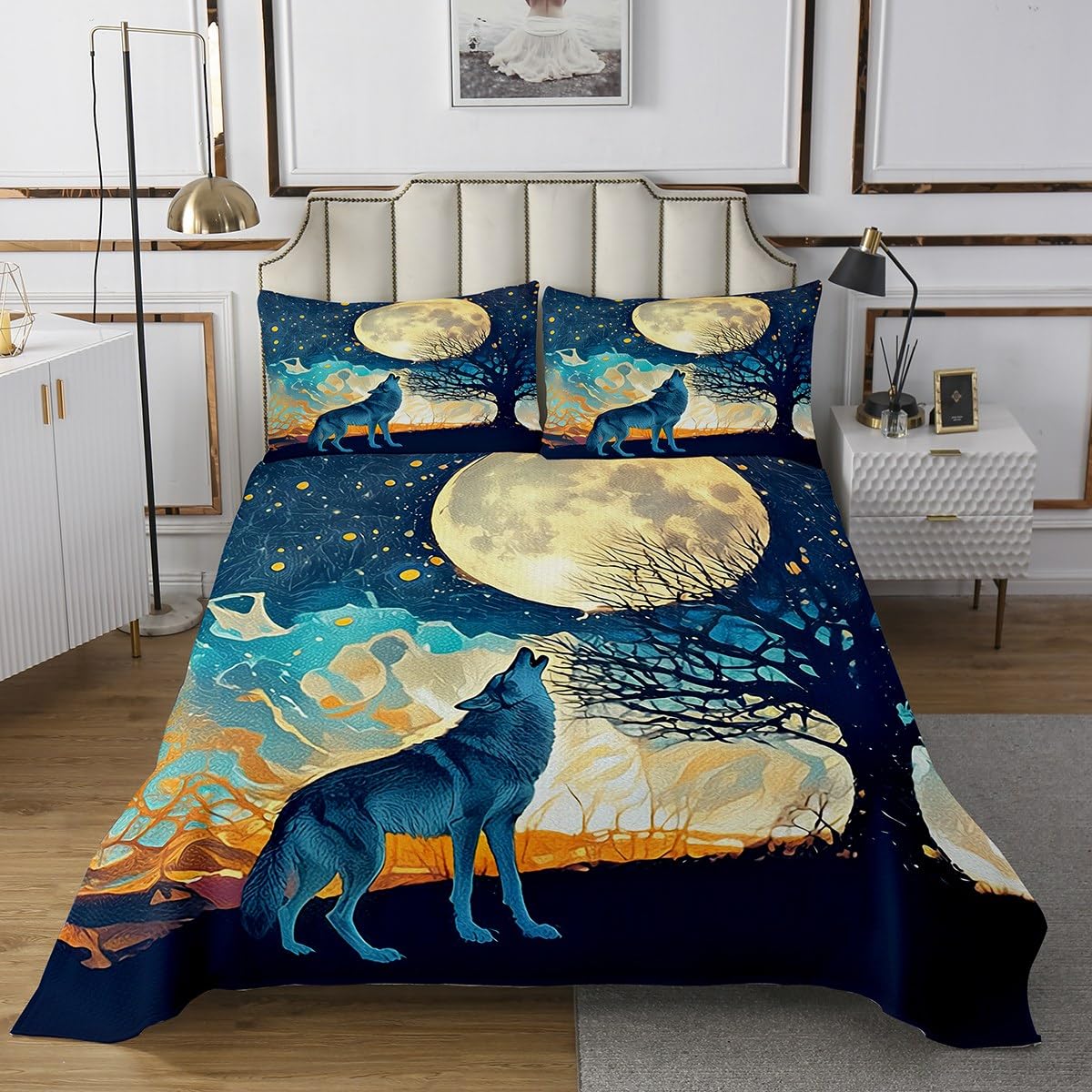 jejeloiu Wolf Coverlet Set Queen Size Wolves Howling Bedspread for Kids Boys Girls Decor Mountain Moon Wolf Quilted Coverlet Breathable Soft Lightweight Microfiber Animal Wolves Bedroom Decor