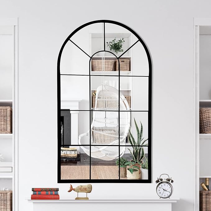 Wall Mirror Window Decorative Mirrors Arched Farmhouse for Living Room Bedroom Entryway Bathroom Vanity (Black,41.3”x 24” x1”)