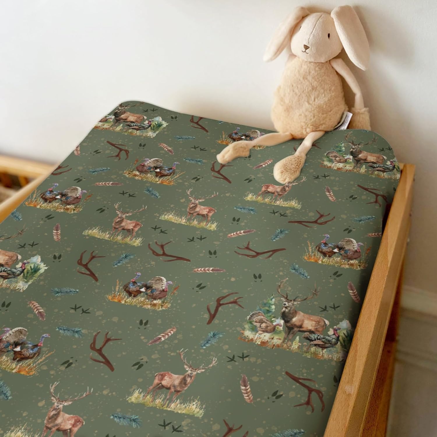Vintage Hunting Animals Baby Changing Pad Covers for Boys Girls Deer Turkey Hunting Feathers Trees Fitted Changing Table Cover Mats Wildlife Soft Diaper Change Table Sheets for 32''×16'' Contoured Pad