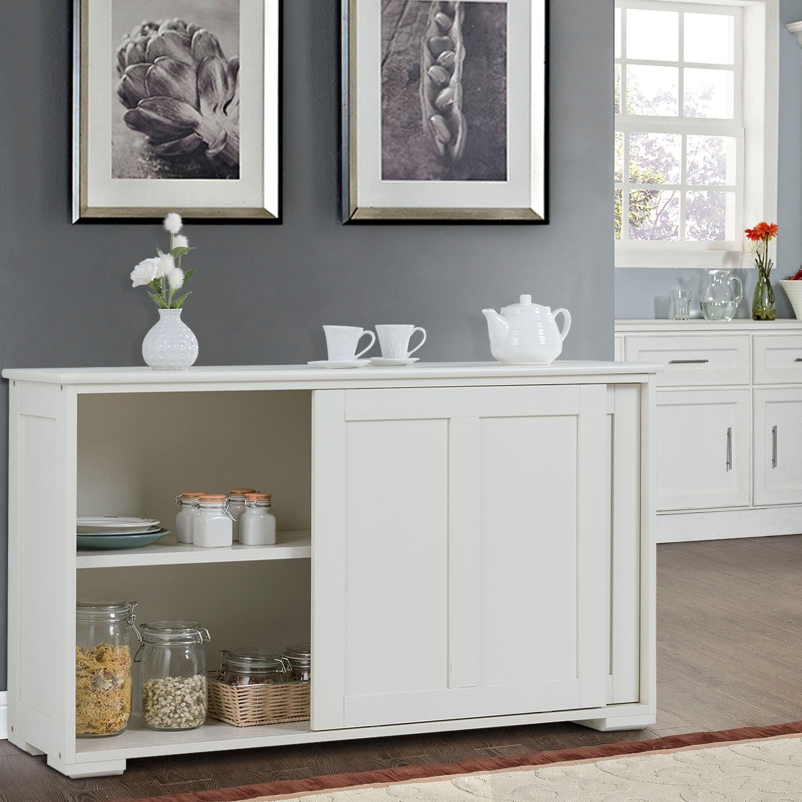 COSTWAY Armadietto da Cucina Mobiletto per Cucina Composto da 2 Porte Scorrevoli Dimensioni: 106,5 x 33 x 60 cm (Crema)