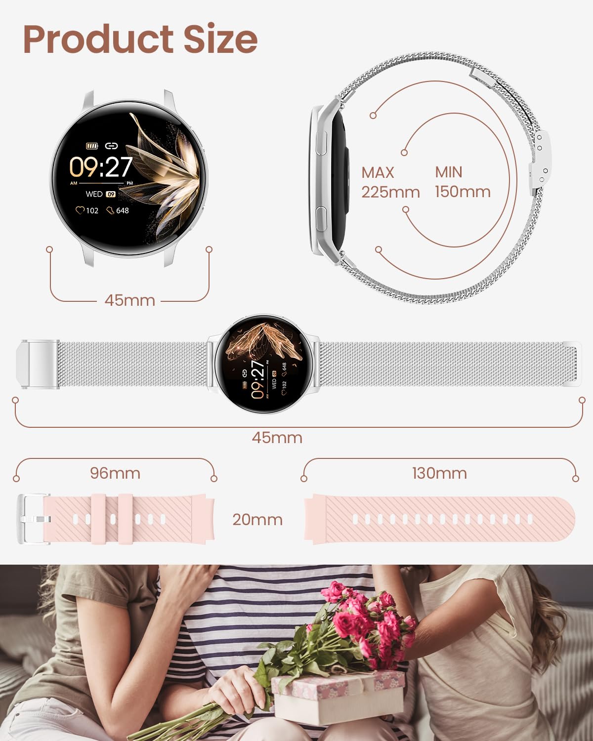 HASAKEI Montre Connectée Femme avec Bluetooth 5.3, Smartwatch IP68 avec Fonction Féminine/120+ Modes Sport/Fréquence Cardiaque/Sommeil/SpO2 Montre Connectée Podomètre Calories Android iOS Gris Argenté