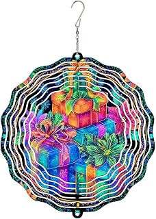 Presents Wind Spinner, Christmas Festive Bows Leaves Christmas Bright Metal 3D Outdoor Wind Sculptures Ornaments Gifts for Garden Patio Porch Balcony Home Decor 12 Inch