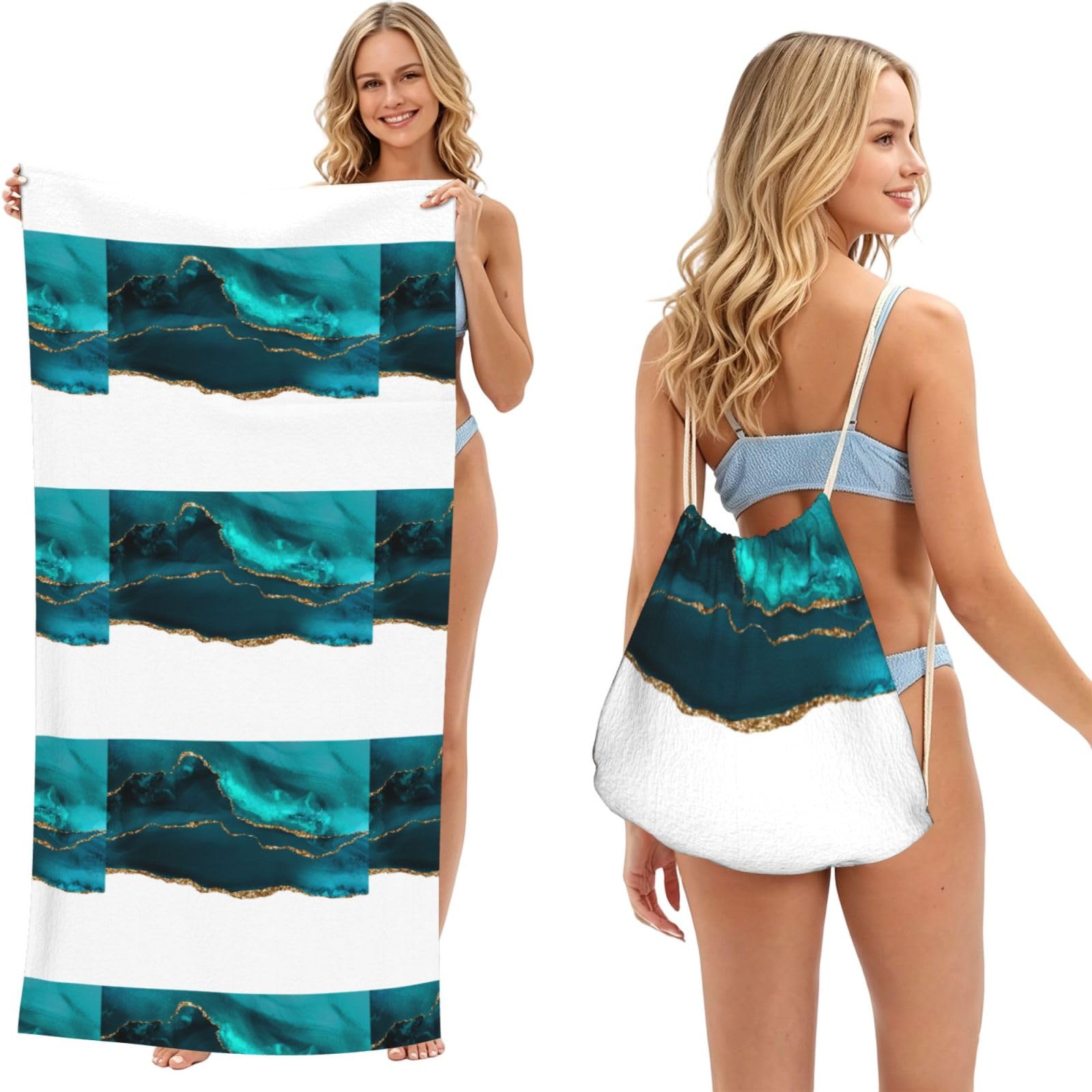 Poadnly As Picture Modern Stylish Teal Gold Agate On White, 2 In 1 Packable Towel Bag, Beach Towels With Drawstring Backpack For Travel Holiday Camping