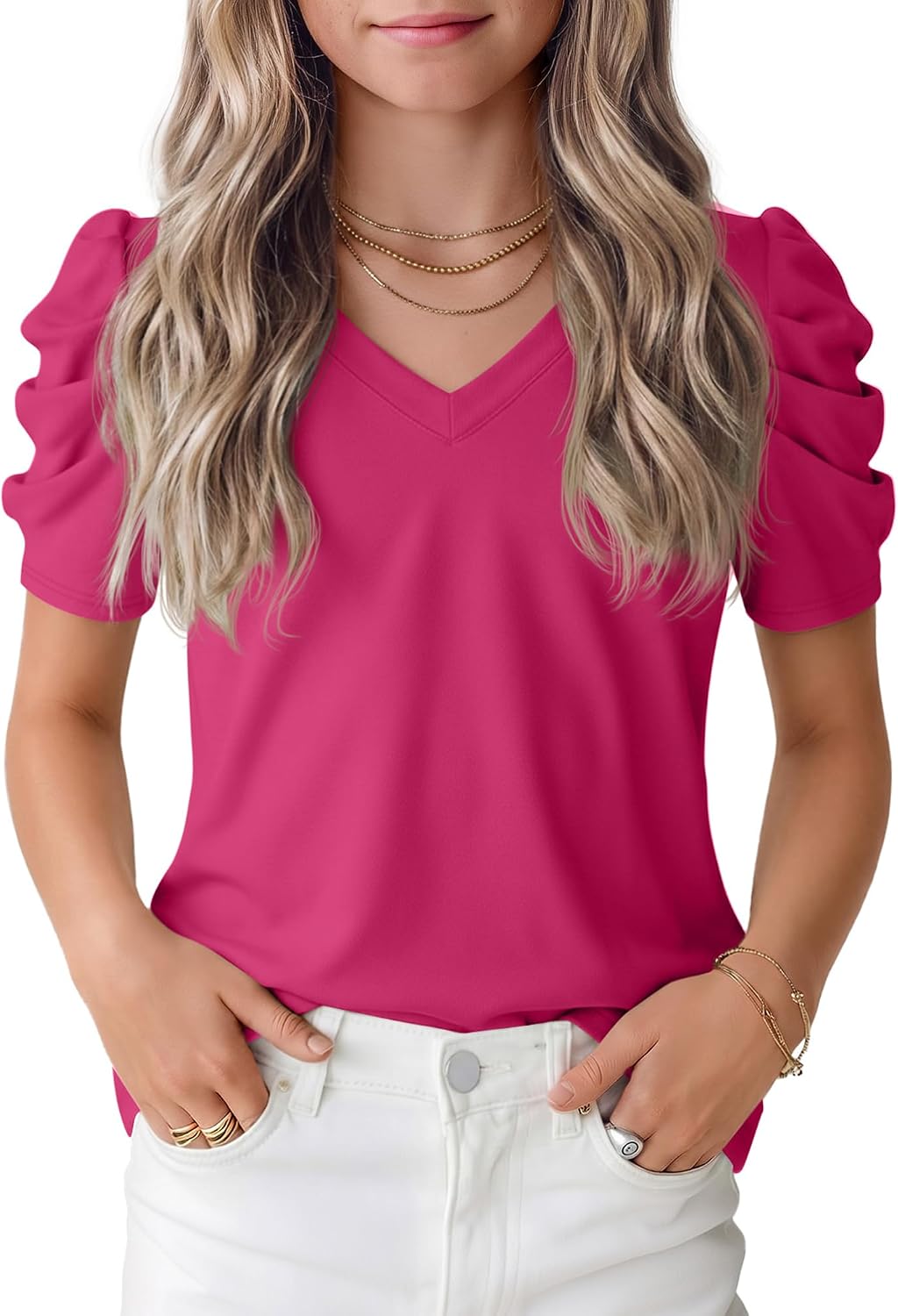Girls' Puff Short Sleeve T Shirts V Neck Loose Fit Tops Casual Summer Basic Tees Cute Tshirts for Kids 5-14 Years