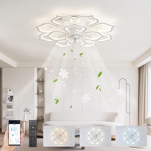 fUfIzU FUfIzU Slaapkamer Plafondventilatoren Met Verlichting, Ronde Plafondventilator Met Stille Lamp, Gelijkstroommotor, Omkeerbare Timer Dimbaar, Ventilator Met 5 Bladen Voor Lounge