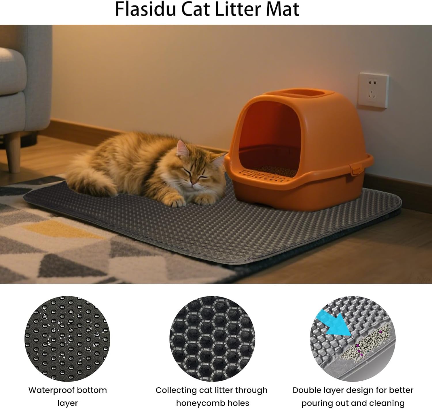 Cat Litter Box Mat Double Layer Trapping Mat Easy-Clean Waterproof Urine Proof(Gray 35x24in)