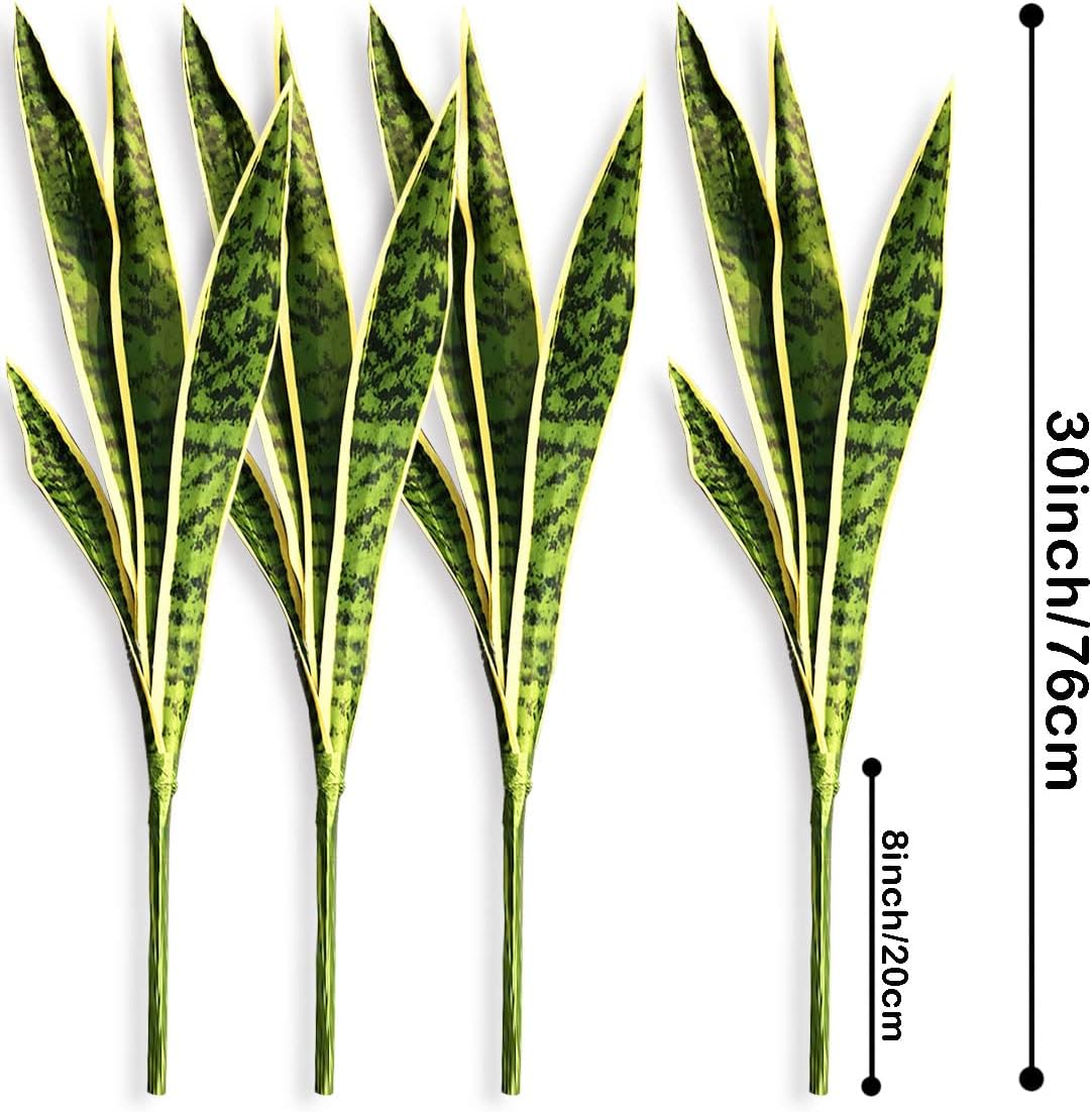 Artificial Snake Plant 4 Pcs 30 Inch Fake Sansevieria Plants for Indoor/Outdoor Home Decor Garden Office Store Decoration (Green and Black)
