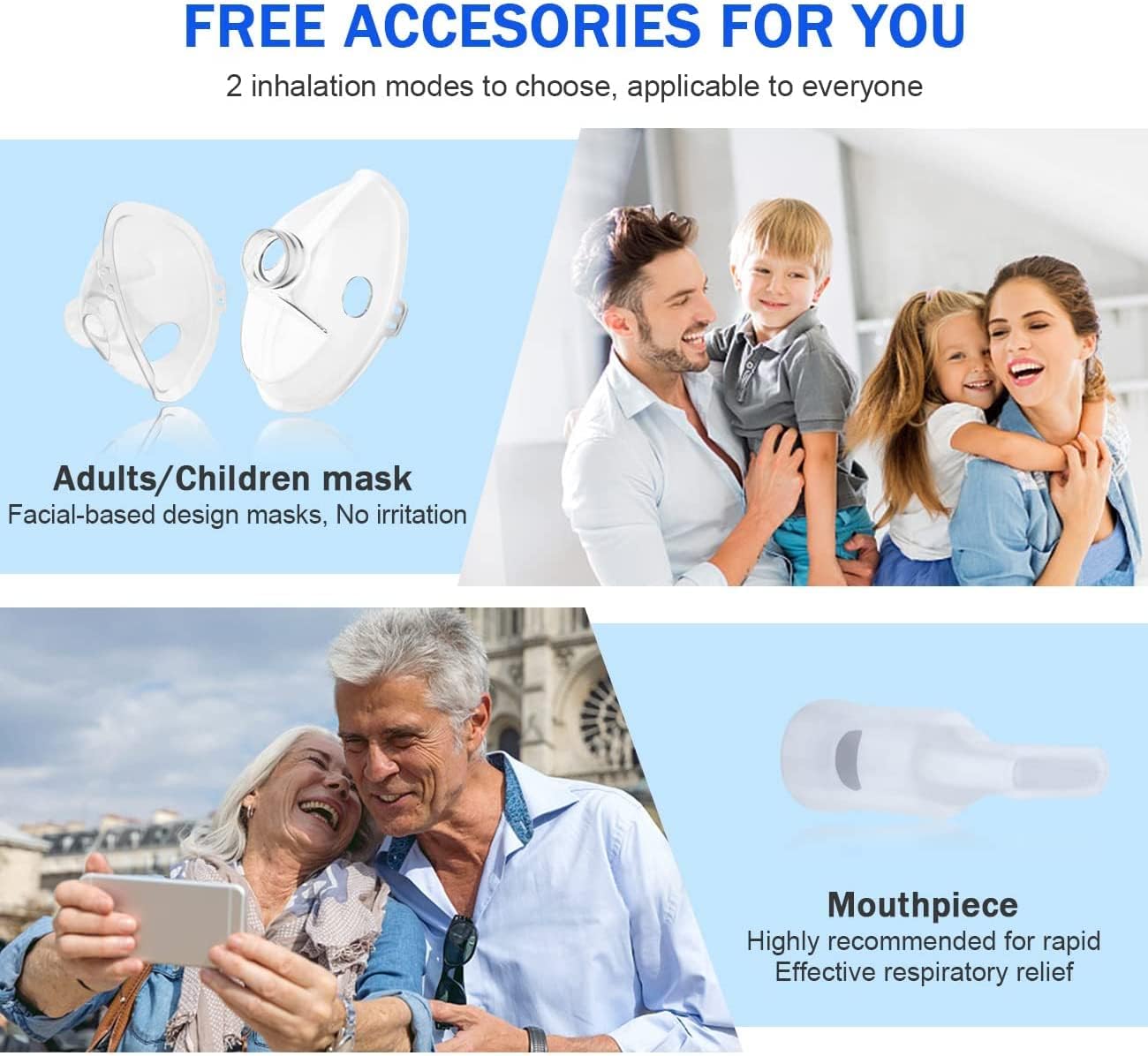 Meowyn Nebulizer accessories including adult mask, child mask, and mouthpiece