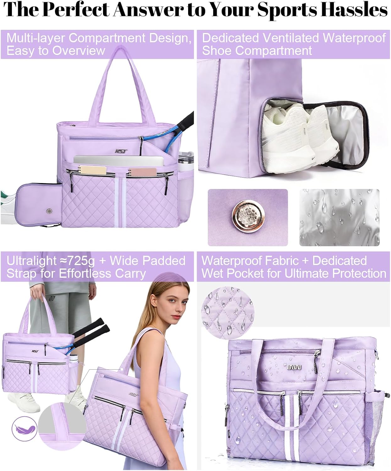 Tennis Bags for Women, Tennis Bag Holds 2 Rackets, Gym Bags with Ventilated Shoe Compartment, Suitable for Pickleball Tennis Badminton