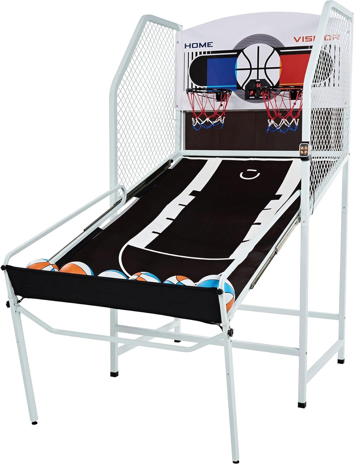 Rally and Roar Arcade Cage Basketball Game, Foldable Indoor Outdoor Sports Machine for 2 Players with Steel Hoops, LED Scorer, and 6 Balls, Multicolor