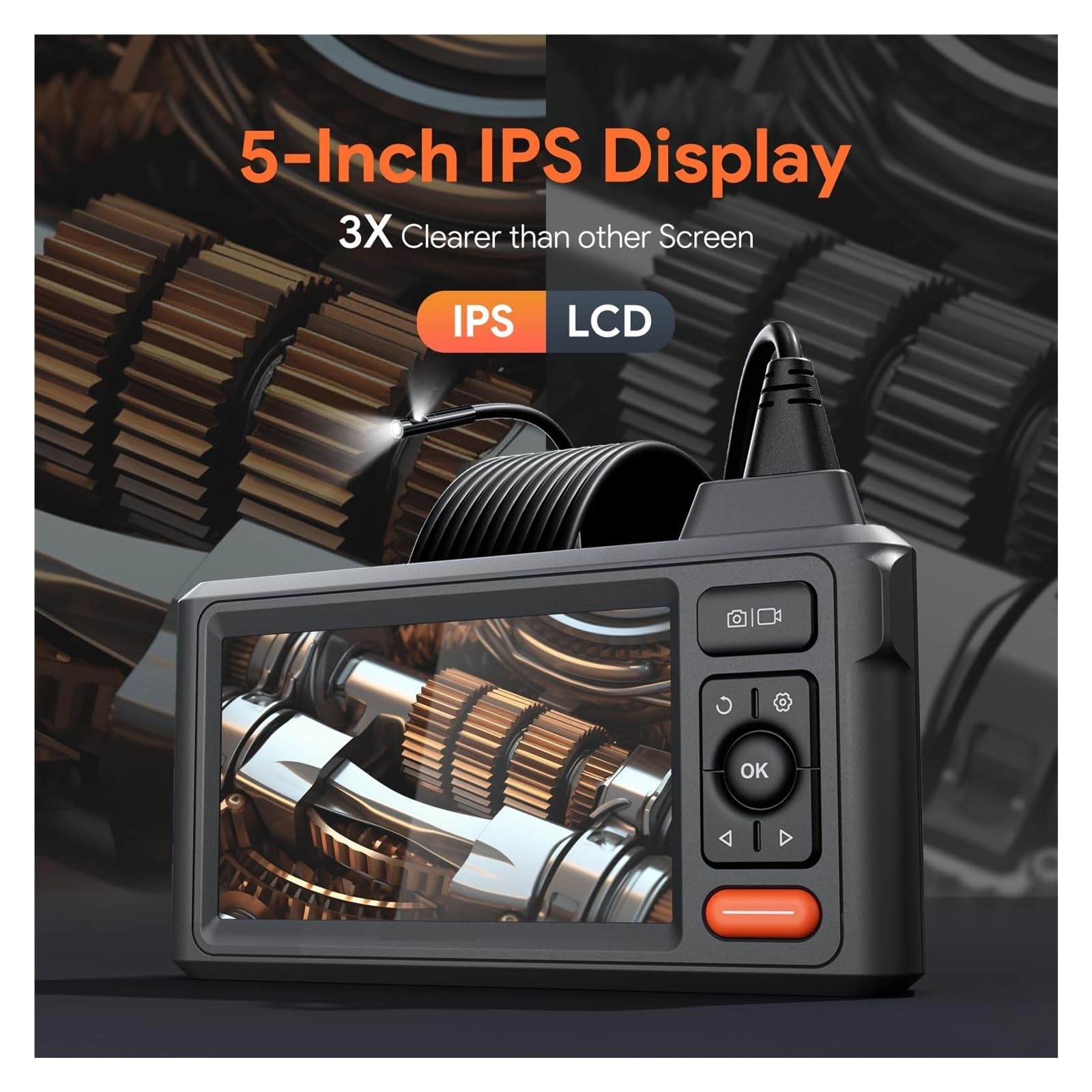 Endoskop, Kamera endoskopowa, podwójny obiektyw 1080P 8 mm, duży ekran IPS o przekątnej 5 cali, kabel długości metrów, wodoodporność IP67