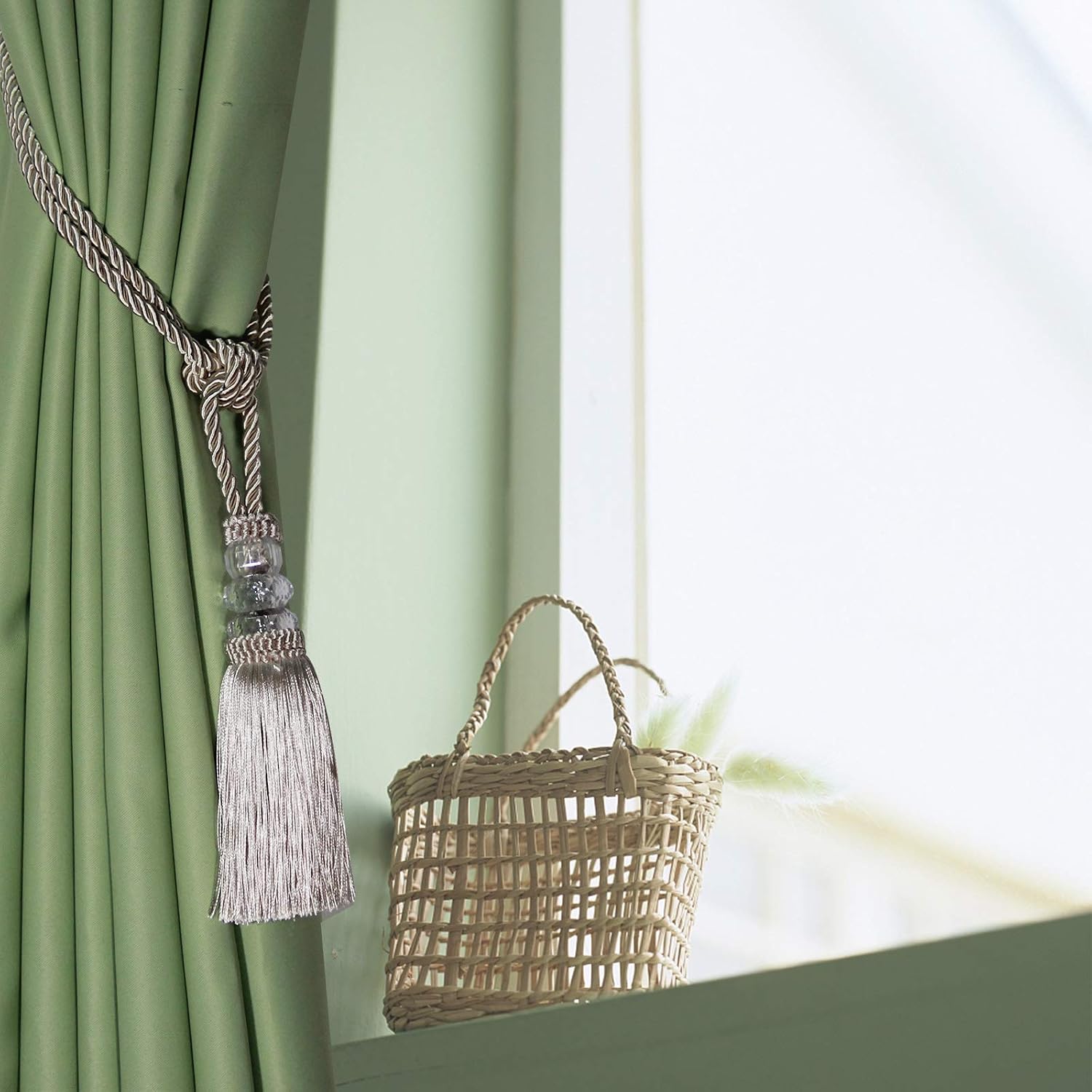 Tassel Curtain Tiebacks Handmade Curtain Tie Backs, Elegant Crystal Curtain Holdbacks for Home Office Decor (Beige, 4P)