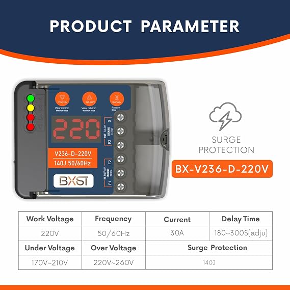 BXST Heavy Duty Wire Surge Protector with LED Display Voltage & Delay Protection Adjustable 220V 30A Max 6600W 140J Refrigerator Air Conditioning Motor Pump Surge Protection