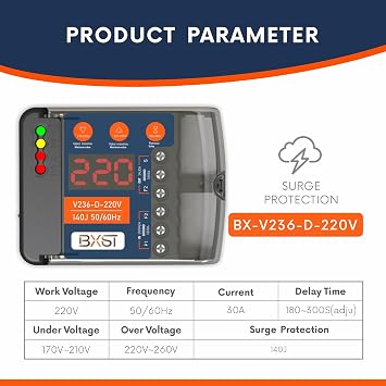 BXST Heavy Duty Wire Surge Protector with LED Display Voltage & Delay Protection Adjustable 220V 30A Max 6600W 140J Refrigerator Air Conditioning Motor Pump Surge Protection