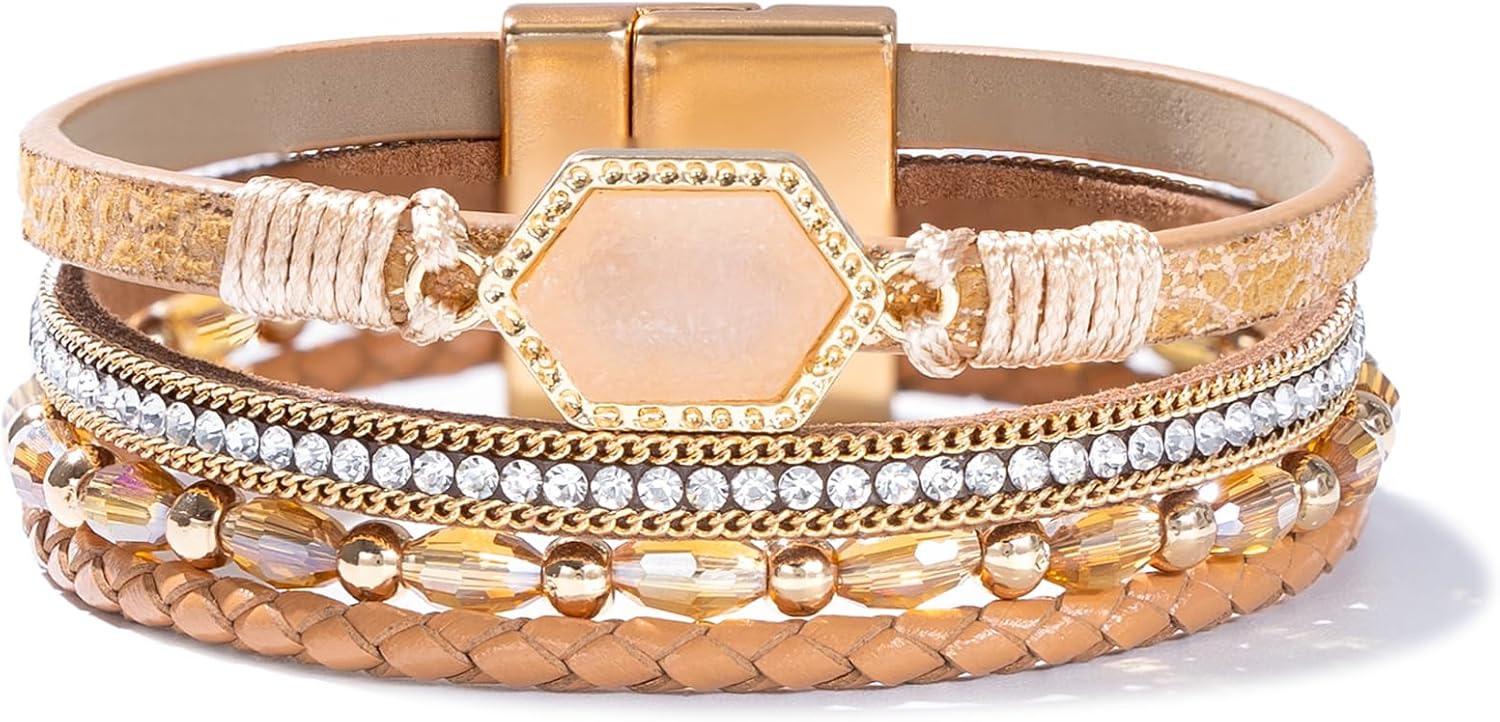 FANCY SHINY Crystal Beaded Leather Wrap Bracelet Stackable Boho Jewelry for Women Resin Stone Bangle Cuff with Magnetic Clasp