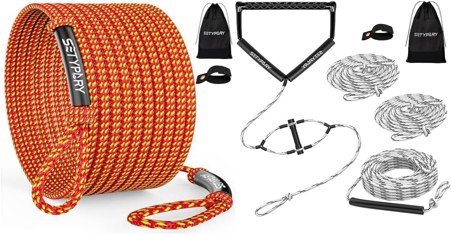 60FT & 75FT Combo: 4K Heavy-Duty Floating Tube Tow Rope for 1-4 Person Towable Tubes (Orange & Yellow) + Wakeboard Rope with Handle, 4-Section Adjustable Water Ski Rope (White & Black)