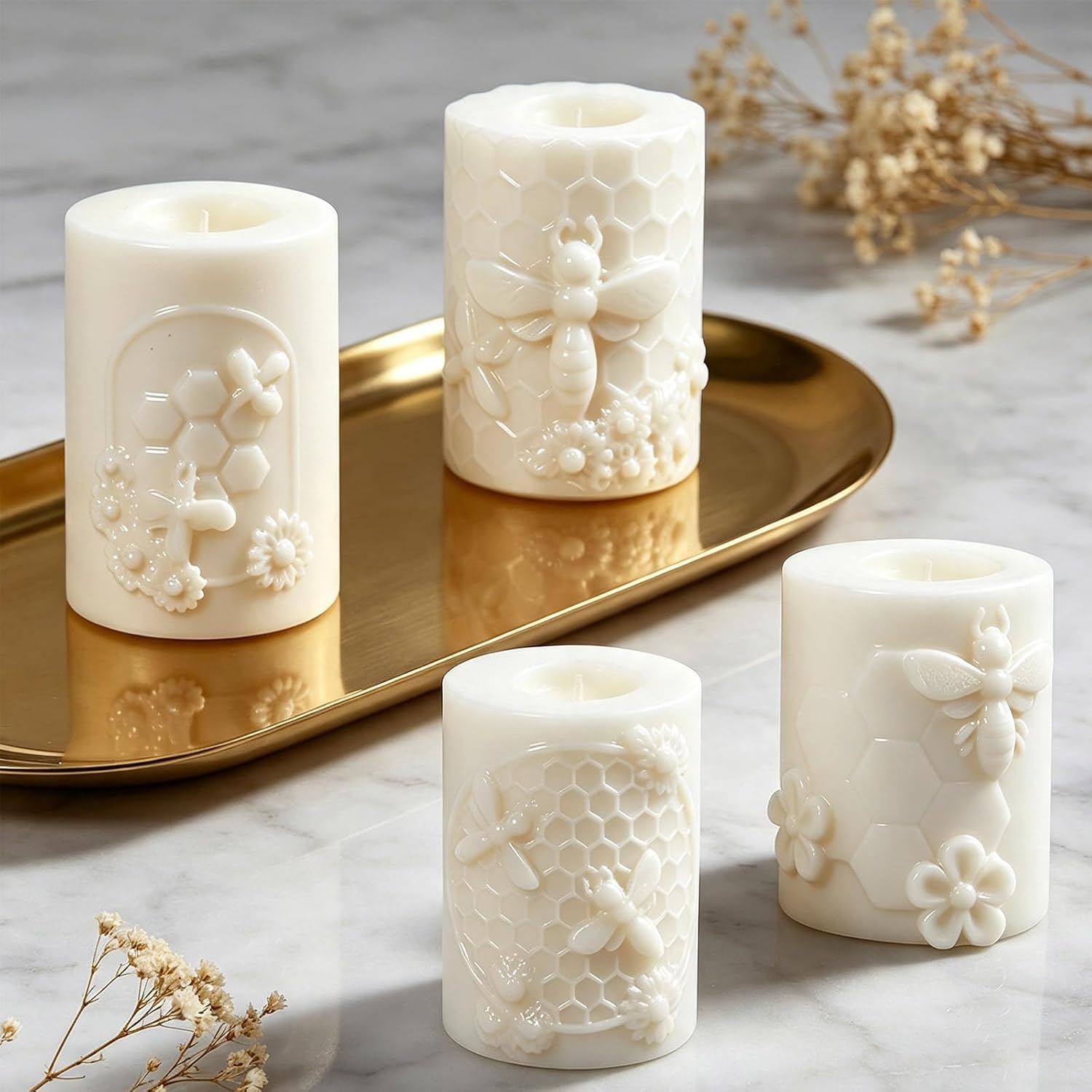 4 Pcs Bee Candle Mold,3D Honeycomb Flower Silicone Candle Molds,Bee Embossed Cylinder Molds for Beeswax,Soy Wax,Soap,Resin,Epoxy Casting,DIY Craft Home Decor