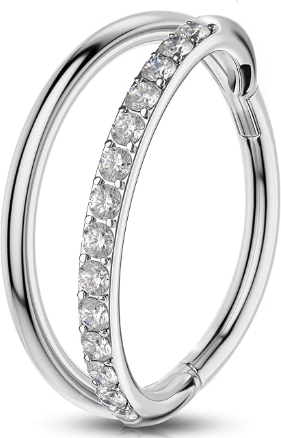 OUFER Cartilage Helix Earring Hoop 16G Orbital Conch Ring Tragus Daith Piercings Jewellery CZ Rook Snug Double Line Hinged Surgical Steel Septum Clicker Silver Nose Ring, 8/10/12mm