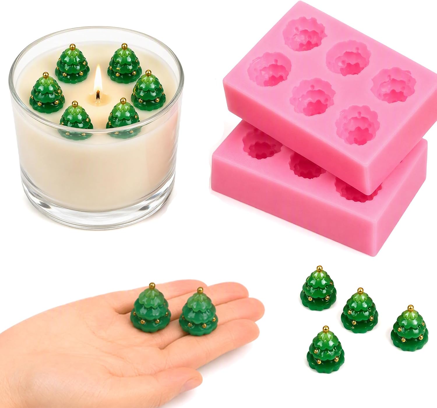 2 Pack Christmas Tree Silicone Molds, 6-Cavity Mini Pink Christmas Tree Mold, Food Grade Silicone Molds for Chocolate, Candy, Ice Cube, Candle, Soap, DIY Christmas Baking Craft Decorations