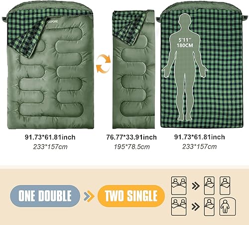 Miniatura 3 de Saco de dormir doble de franela para adultos con 2 almohadas, sacos de dormir para 2 personas, camping, XXL, tamaño Queen, saco de dormir para dos