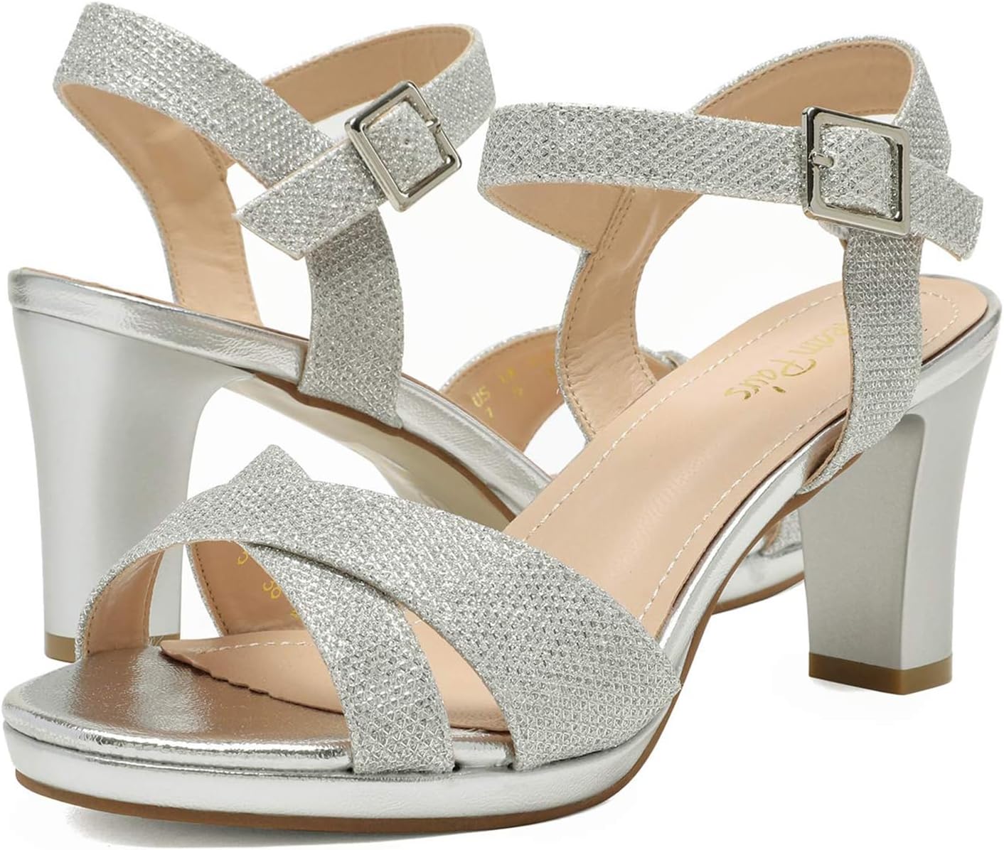 DREAM PAIRS Women's Chunky Heels Open Toe Ankle Strap Sparkly Heels Pump Sandals - Image 5