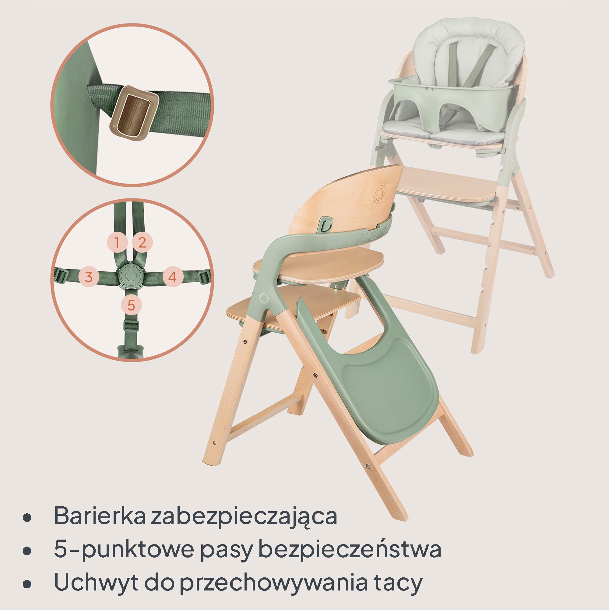 LIONELO Drewniane Krzesełko do Karmienia Megan, Rośnie z Dzieckiem od 6 miesięcy do 110 kg, Regulowany Podnóżek, 5-Punktowe Pasy, Poduszka na Siedzisko, Łatwe Czyszczenie | 5-punktowe szelki, regulowane siedzisko i podnóżki, zdejmowana taca, do 110 kg, li