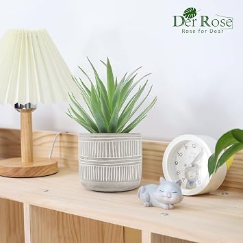 Der Rose 8.5 Fake Succulent Plant in Striped Ceramic Pot for Boho Decor