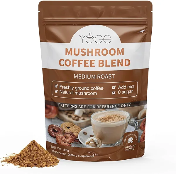 Mushroom Coffee, Organic 6 Mushrooms with Cordyceps, Reish, King Trumpet, Shitake, Turkey Tail, Lions Mane, Instant Coffee Powder for Energy,Focus, Digestion & Immune Support, 30 Servings