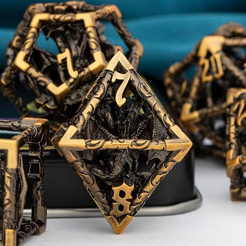 Miniatura 43 de ARUOHHA Juego de dados huecos DND, 7 piezas de dados de metal arcoíris D y D, juegos de rol RPG, dados poliédricos con caja de regalo D20 D12 D10 D8