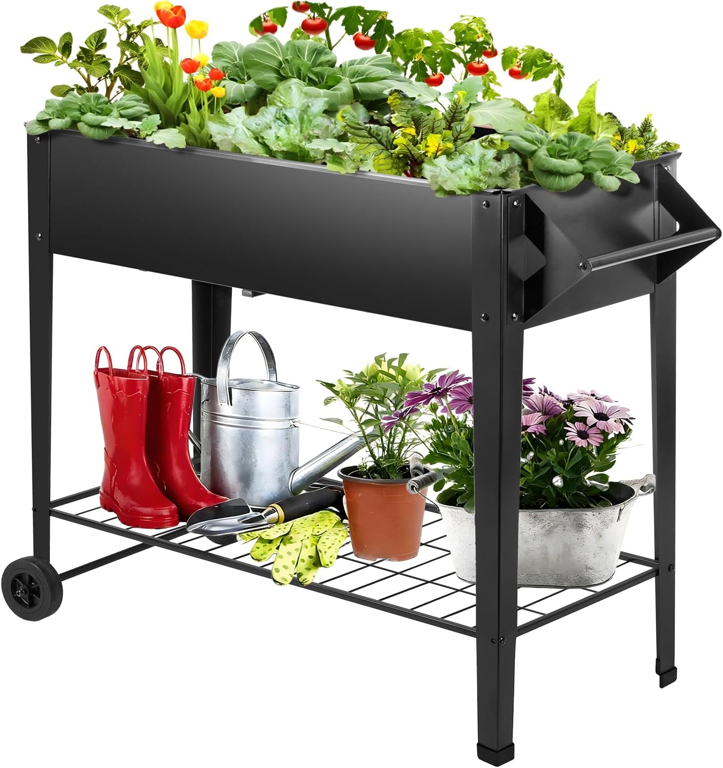 32" Tall Raised Garden Bed Outdoor with Wheels & Storage Shelf or Mobility,Mobile Anti-Rust Steel Planters for Outdoor Plants,Planter Box for Vegetables/Flower/Herbs,Patio-Balcony-Backyard