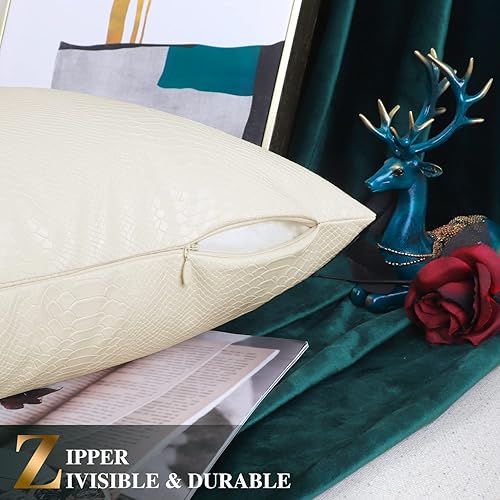 Miniatura 6 de BRAWARM Almohadas de cuero blanco marfil de 12 x 20 pulgadas, fundas de almohada de piel de serpiente, paquete de 2 fundas de almohada lumbares