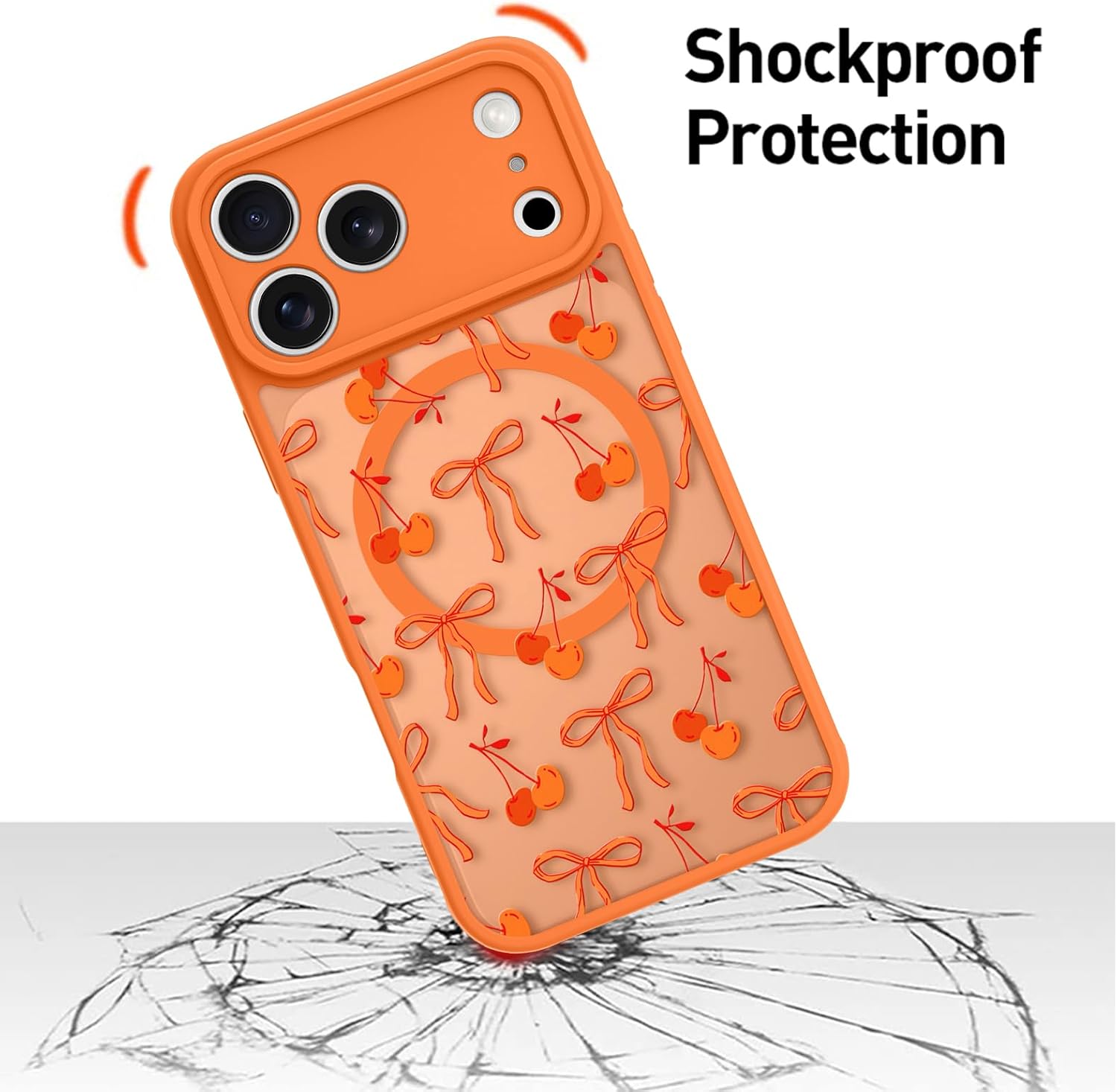 MZELQ Magnetic Case for iPhone 17 Pro Max 6.9 Inch, Clear Bow Cherry [Compatible with Magsafe Charging] Translucent Matte Hard Shockproof Camera Protection Cover for Women Men, Frosted Orange
