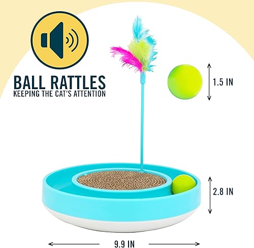 Miniatura 4 de OurPets - Juguete para gatos Wobble Scratch Track - Juguetes interactivos para gatos de interior con pista de bolas que rueda varita de plumas y