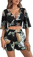 Vista 1 de SweatyRocks Conjunto de 2 piezas de blusa corta con nudo frontal y mangas de mariposa boho con pantalones cortos para mujer