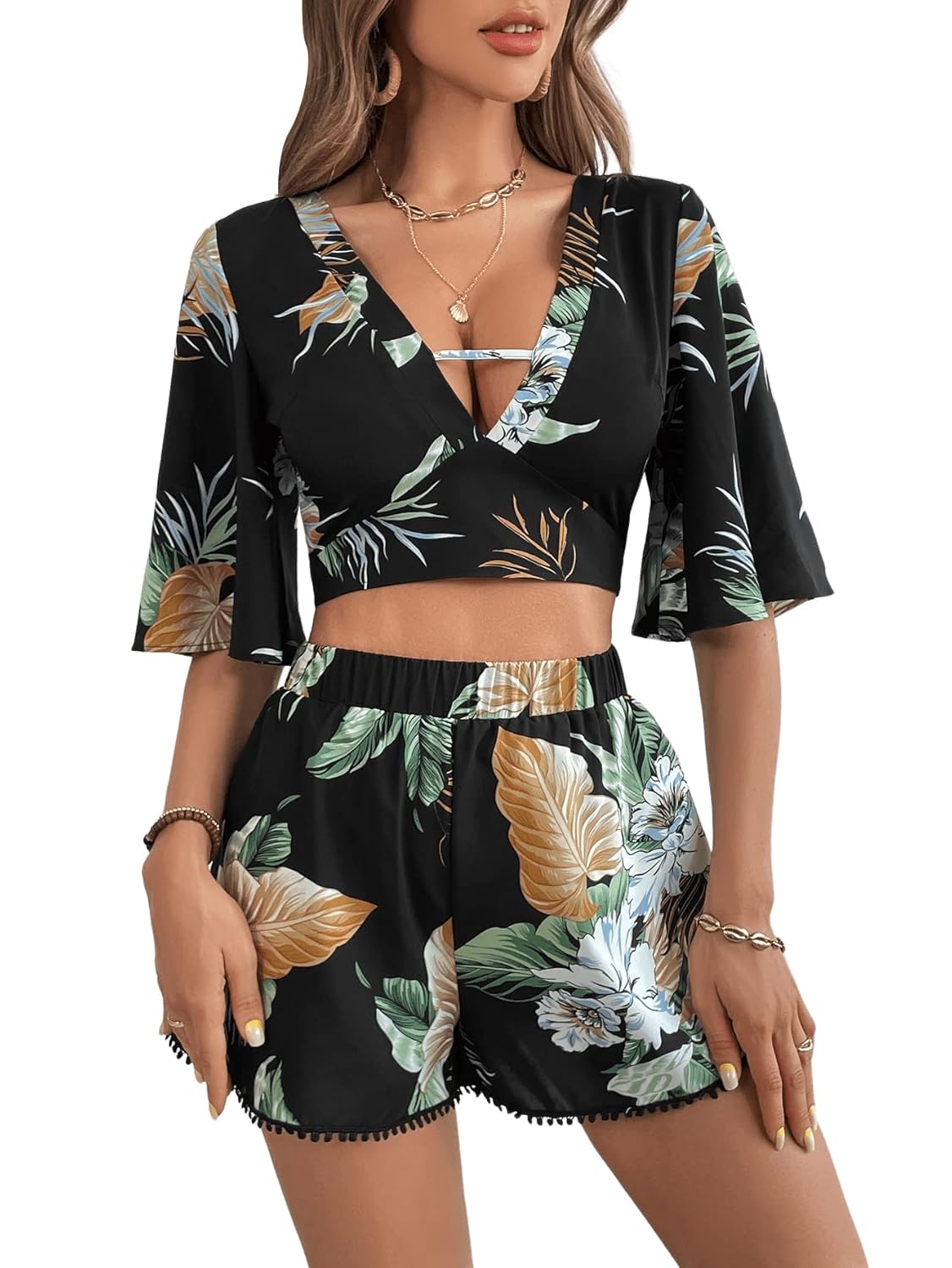 SweatyRocks Womens 2 Piece Boho Butterfly Sleeve Knot Front Crop Top with Shorts Set