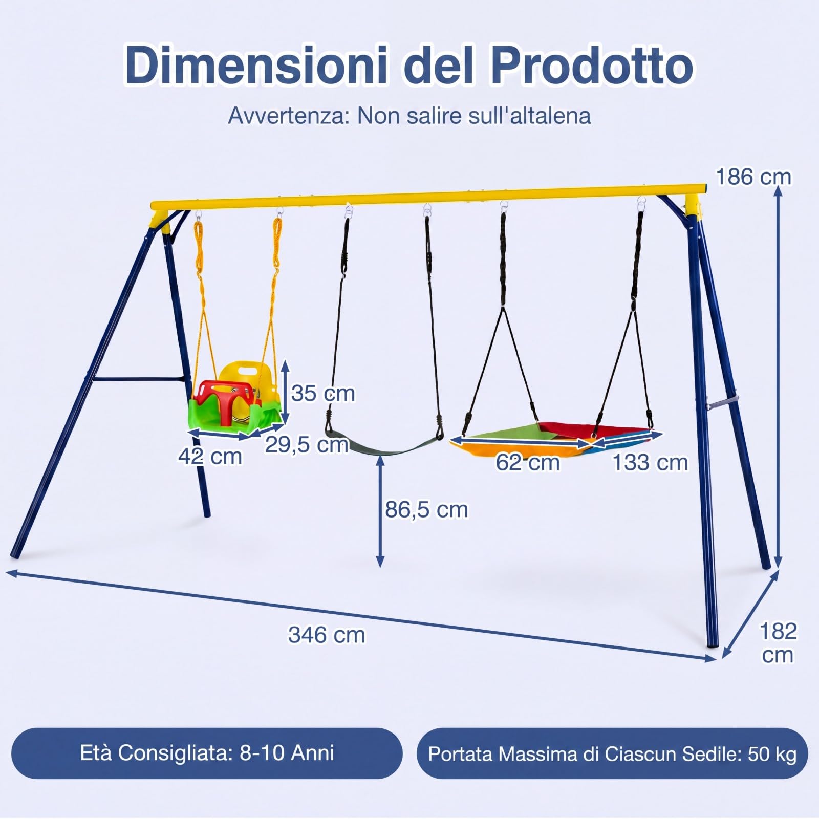 COSTWAY Set di Altalene da Interno e da Esterno, 3 in 1 Altalena da Giardino per Bambini, Corde Regolabili, per Giardino e Parco, Portata 300 kg