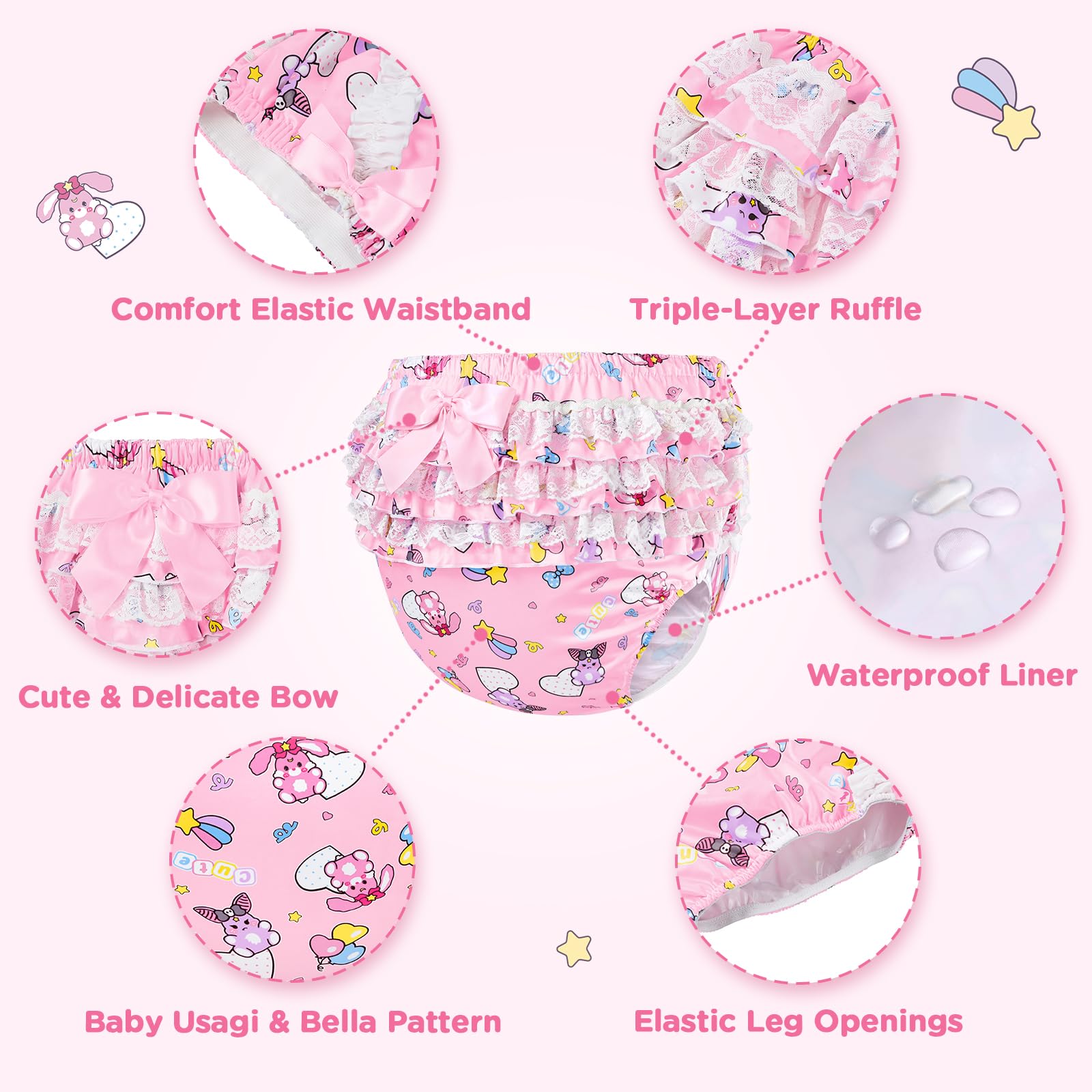 LittleForBig Sedoso lavable reutilizable impermeable con lazo de encaje fruncido bonito en bebé Usagi & Bella patrón sobre pañales adultos cubierta rosa S