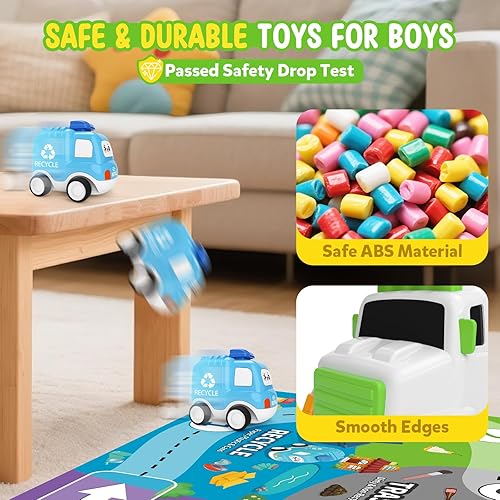 Miniatura 5 de Camión de juguete 7 en 1 para niños de 2, 3, 4, 5 años, camión ecológico de transporte más largo con 6 bonitos autos y tapete de juego, camión