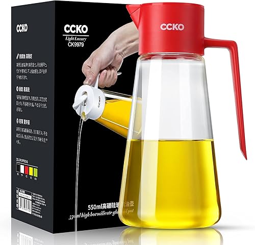 Miniatura 9 de CCKO Botella dispensadora de aceite de oliva de vidrio con boquilla abatible automática de 19 onzas para cocina, dispensador de aceite de cocina sin